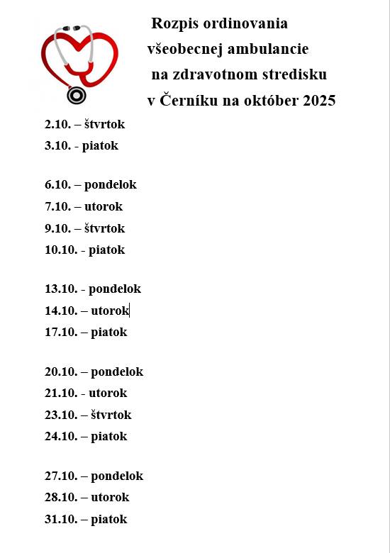 Rozpis ordinovania lekárov všeobecnej ambulancie na október 2025