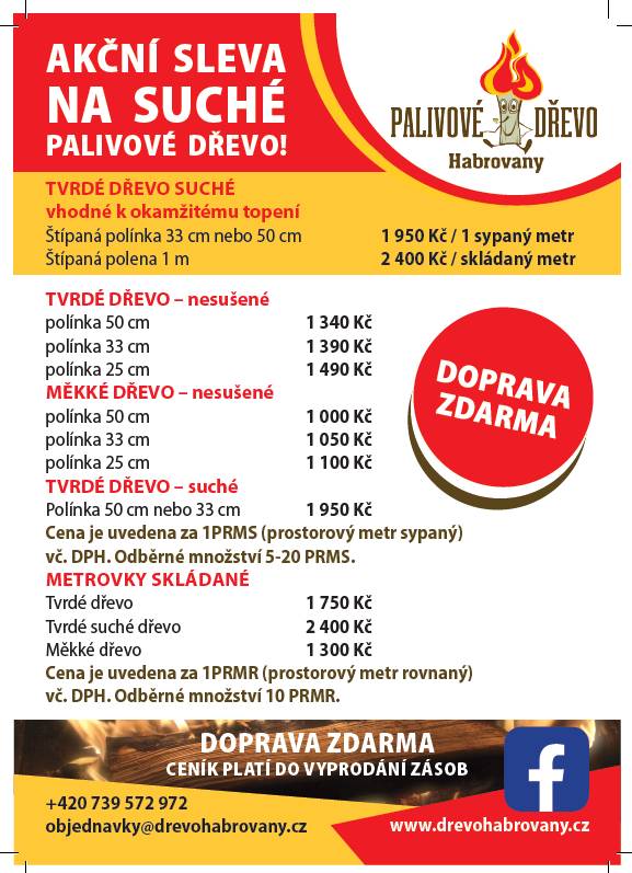 Společnost Dřevo Habrovany nabízí občanům dodání štípaného, tvrdého i měkkého palivového dřeva s dopravou zcela ZDARMA a rychlým dodáním až k Vám domů. Objednávejte na telefonním čísle : 739 572 972  (8-15h), nebo na www.drevohabrovany.cz.
