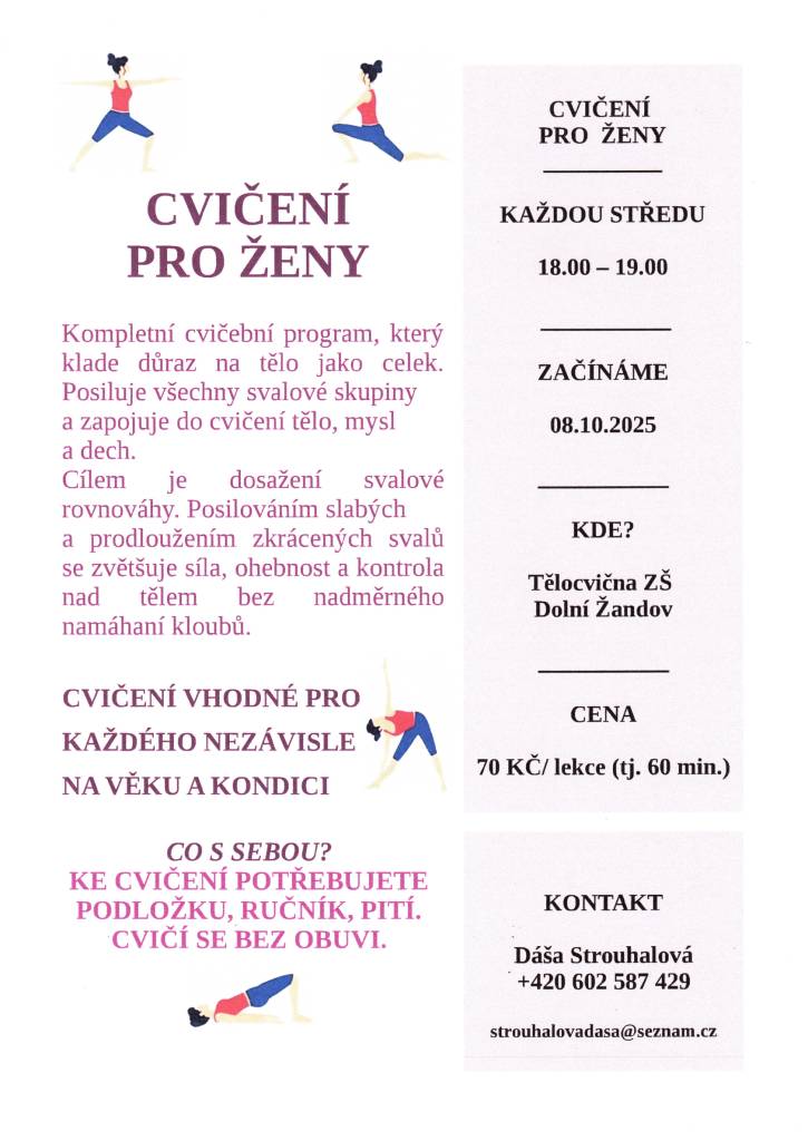 Cvičení pro ženy opět od 8.10.2025 v Dolním Žandově, v tělocvičně základní školy.