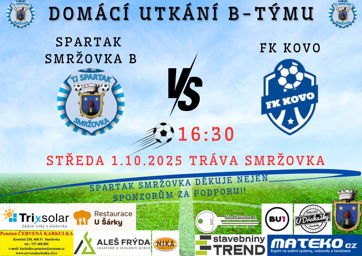 Fotbalové fanoušky zveme ve středu 1. 10. od 16.30 hodin na utkání TJ Spartak Smržovka B a FK KOVO na hřišti ve Sportovní ulici.