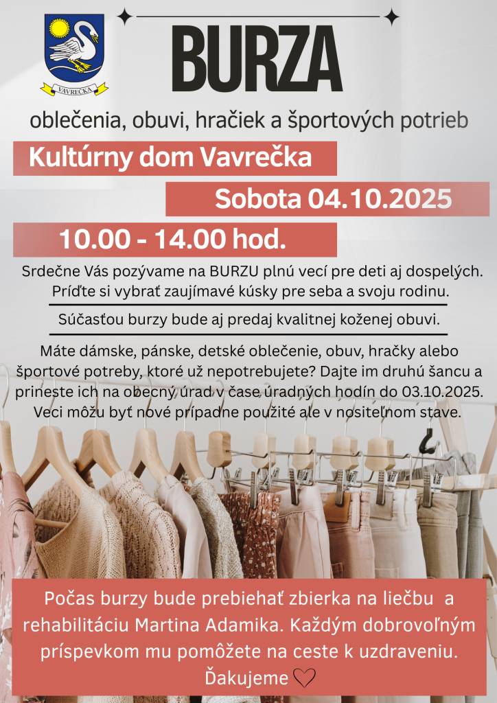 Srdečne Vás pozývame na burzu plnú vecí pre deti aj dospelých v sobotu 04.10.2025 od 10:00 - 14:00 hod. v Kultúrnom dome vo Vavrečke.