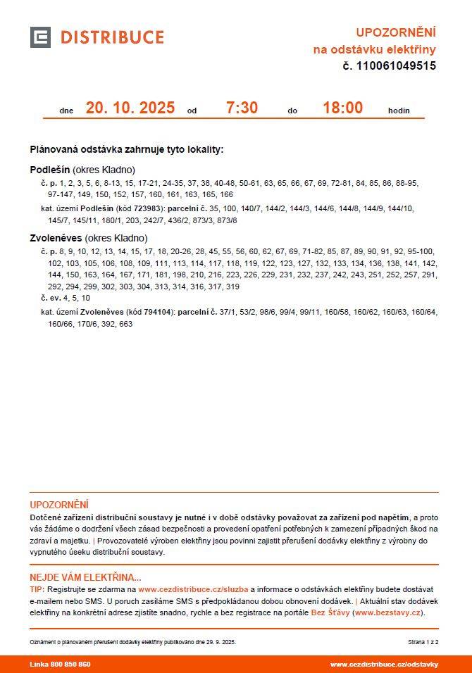 Oznámení o přerušení dodávky elektrické energie dne 20. 10. 2025 od 7:30 do 18:00