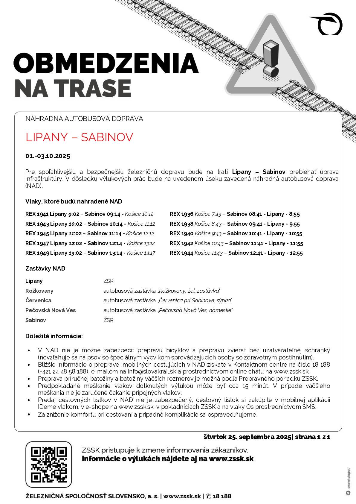 Oznámenie o výluke:  Lipany - Sabinov, 1. - 3. októbra 2025