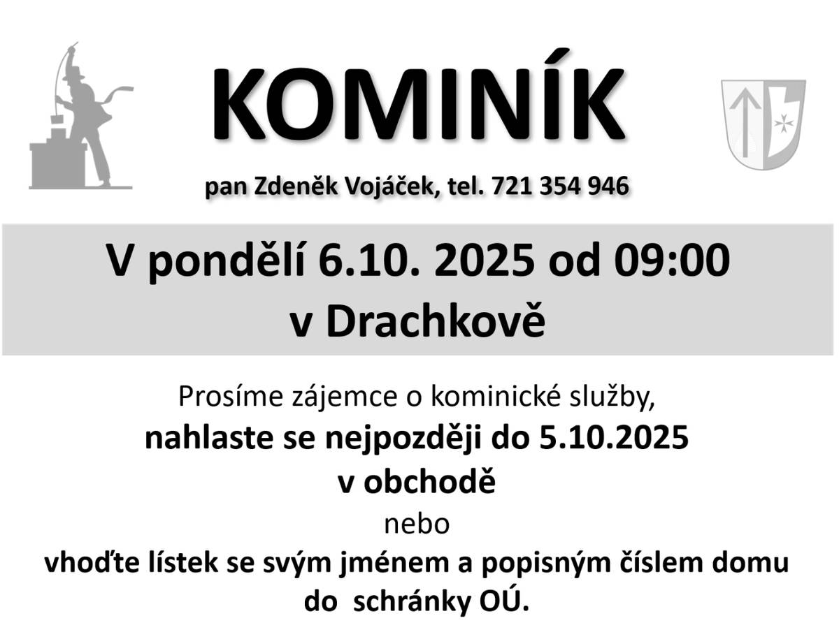 V pondělí 6.října od 9 do 15 hod. bude v obci kominík.