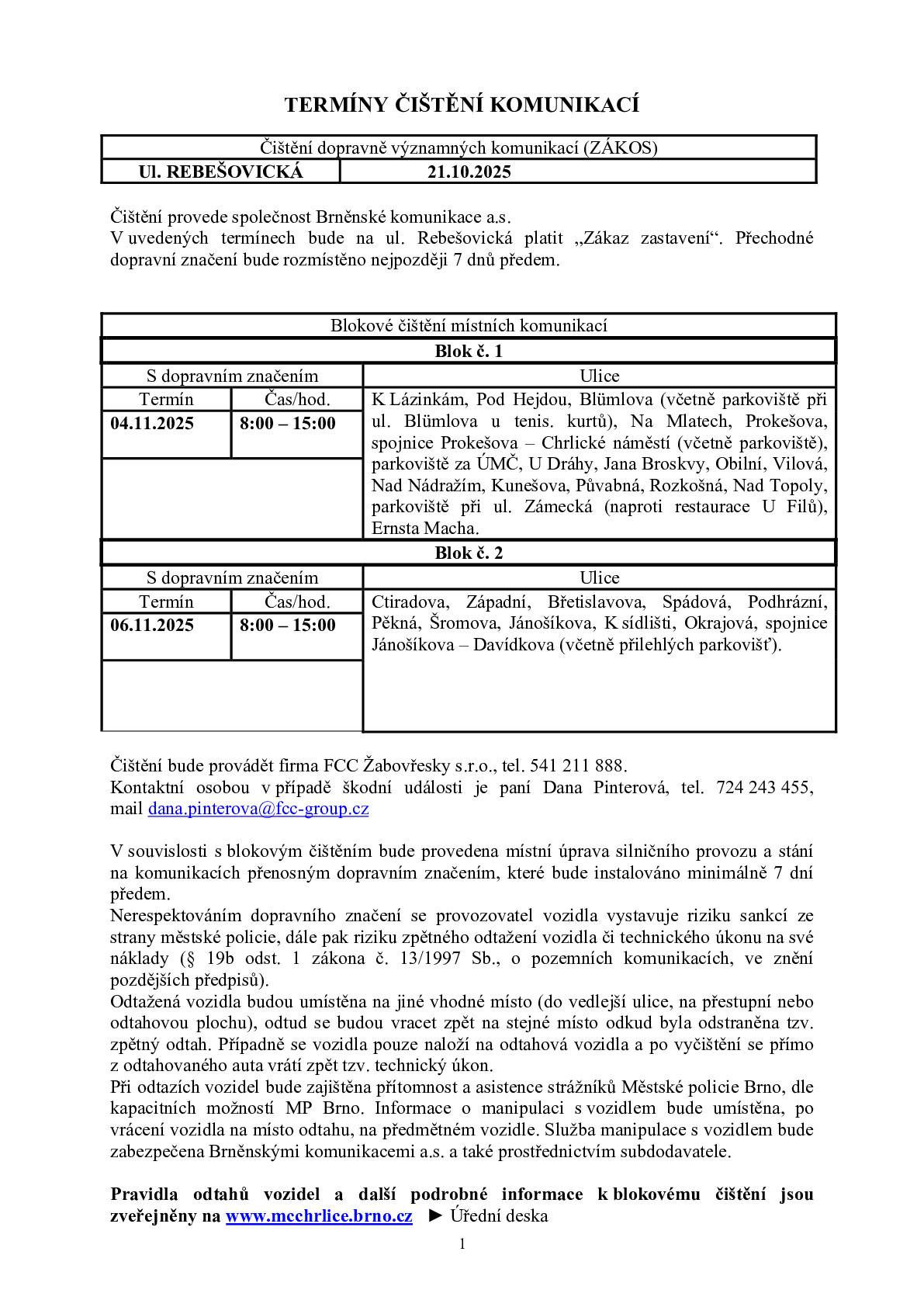 Blokové čištění místních komunikací proběhne v tyto termíny.