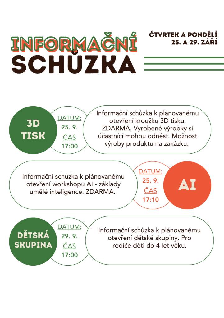 Informační schůzka k plánovanému otevření Dětské skupiny. Určeno převážně pro rodiče dětí do 4 let věku. Dne 29. 9. od 17:00 hod.