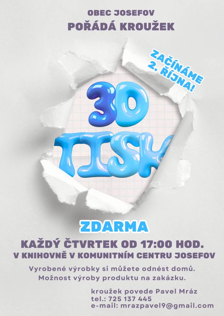 Kroužek 3D tisku každý čtvrtek v knihovně v Komunitním centru Josefov již od 2. října