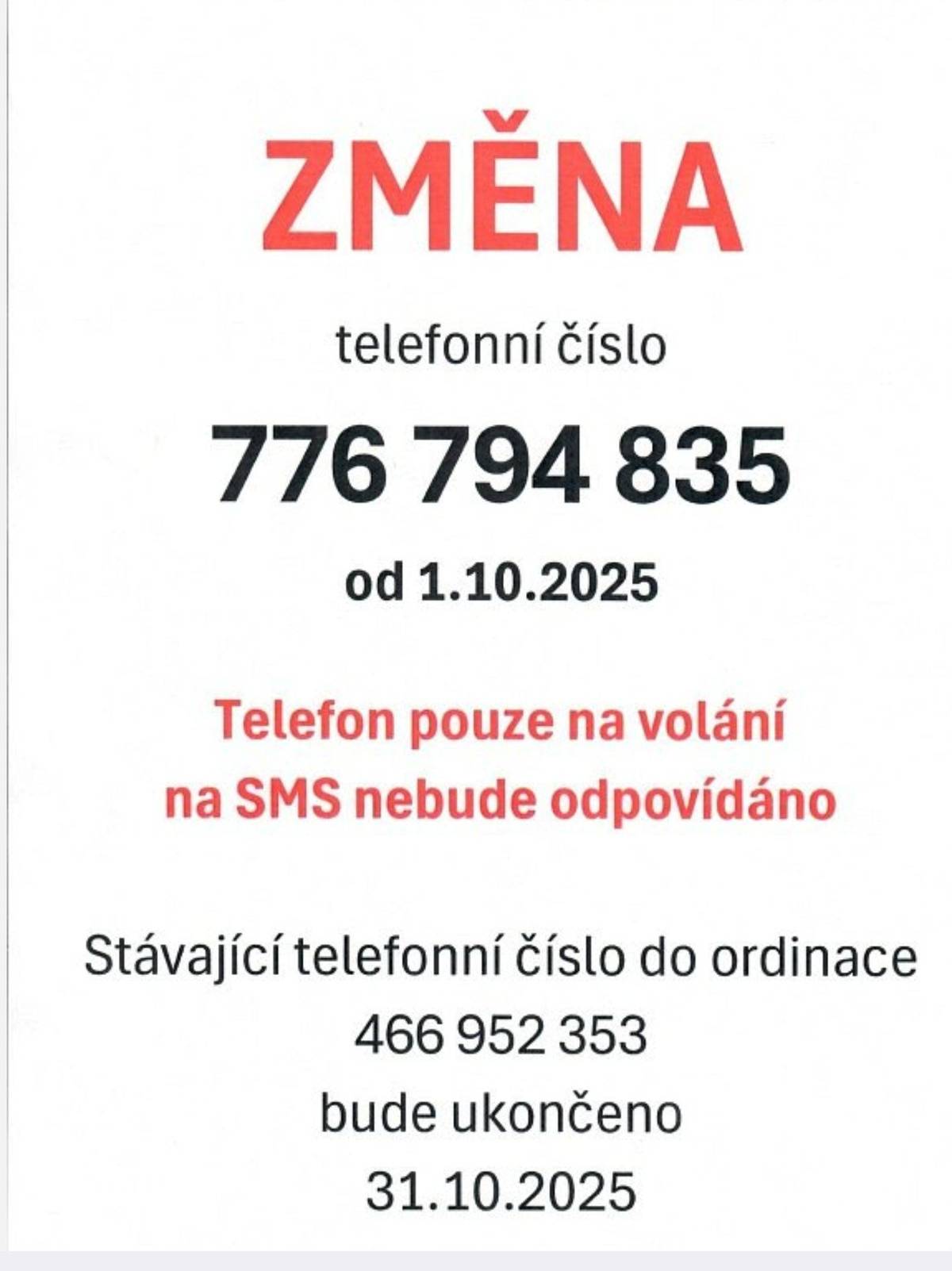 Informace ohledně změny tel. čísla MUDr. Černé do ordinace. Informace, že probíhá očkování proti chřipce.