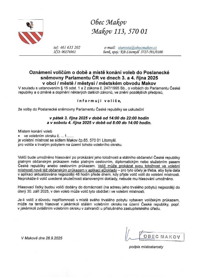 Oznámení voličům o době a místě konání voleb do Poslanecké sněmovny Parlamentu ČR ve dnech 3. a 4. října 2025