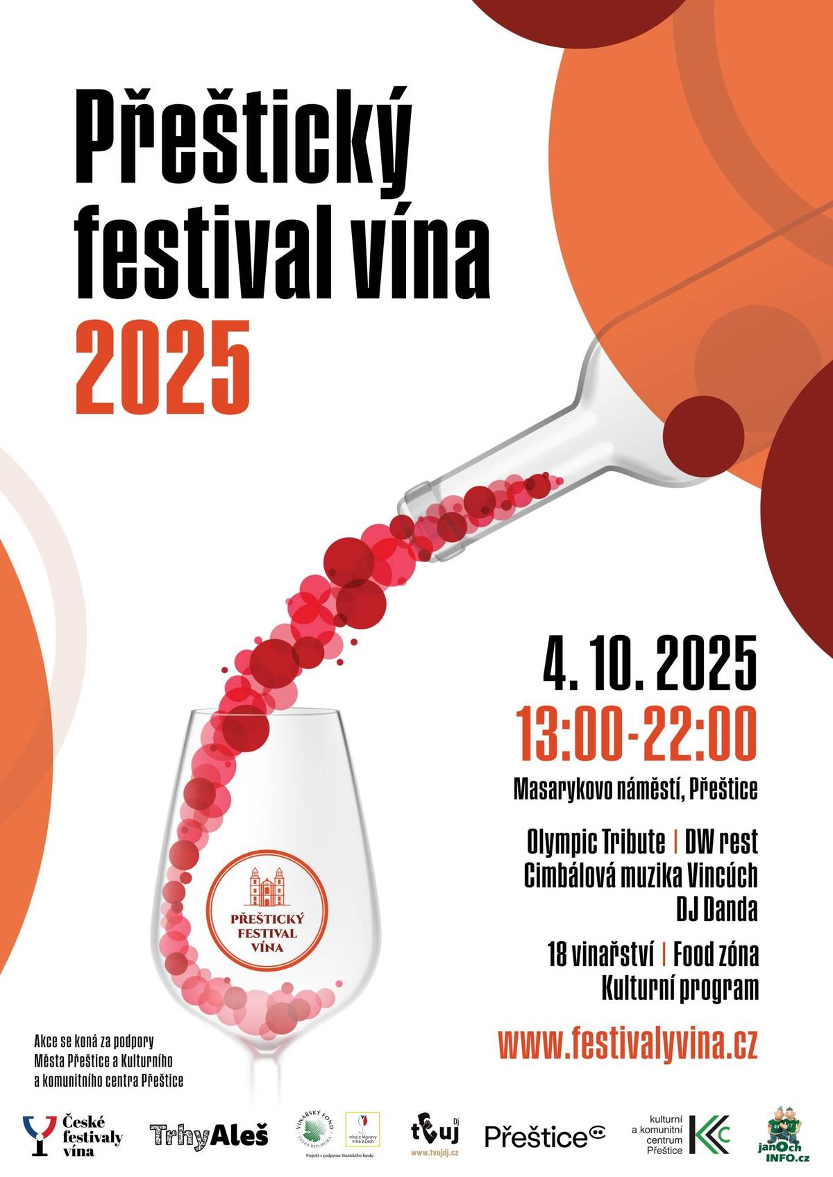sobota 4. 10. 2025 | 13:00-22:00  Masarykovo náměstí, Přeštice   Srdečně vás zveme na 8. ročník Přeštického festivalu vína, který se uskuteční 4. října 2025 na Masarykově náměstí a nabídne pestrou paletu vinařských i gastronomických zážitků.  To nejlepší z Čech a Moravy v 18 vinařských stáncích! Lahodné pokrmy a pestrý street food Hudební doprovod a nezapomenutelná atmosféra  *Víno bude možné degustovat pouze z festivalových skleniček, které bude možné zakoupit přímo na místě nebo v předprodeji.  Vstupné zdarma = kompletní účast na programu festivalu, bez možnosti degustace vstupné 120 Kč (na místě) = kompletní účast na programu festivalu, festivalová sklenička, možnost degustace vína  Přijďte si vychutnat výjimečné chvíle plné kvalitního vína, skvělé gastronomie a hudebních vystoupení na festivalu vína v Přešticích. ---------- Trhy Aleš s.r.o. za podpory Města Přeštice a Kulturního a komunitního centra Přeštice