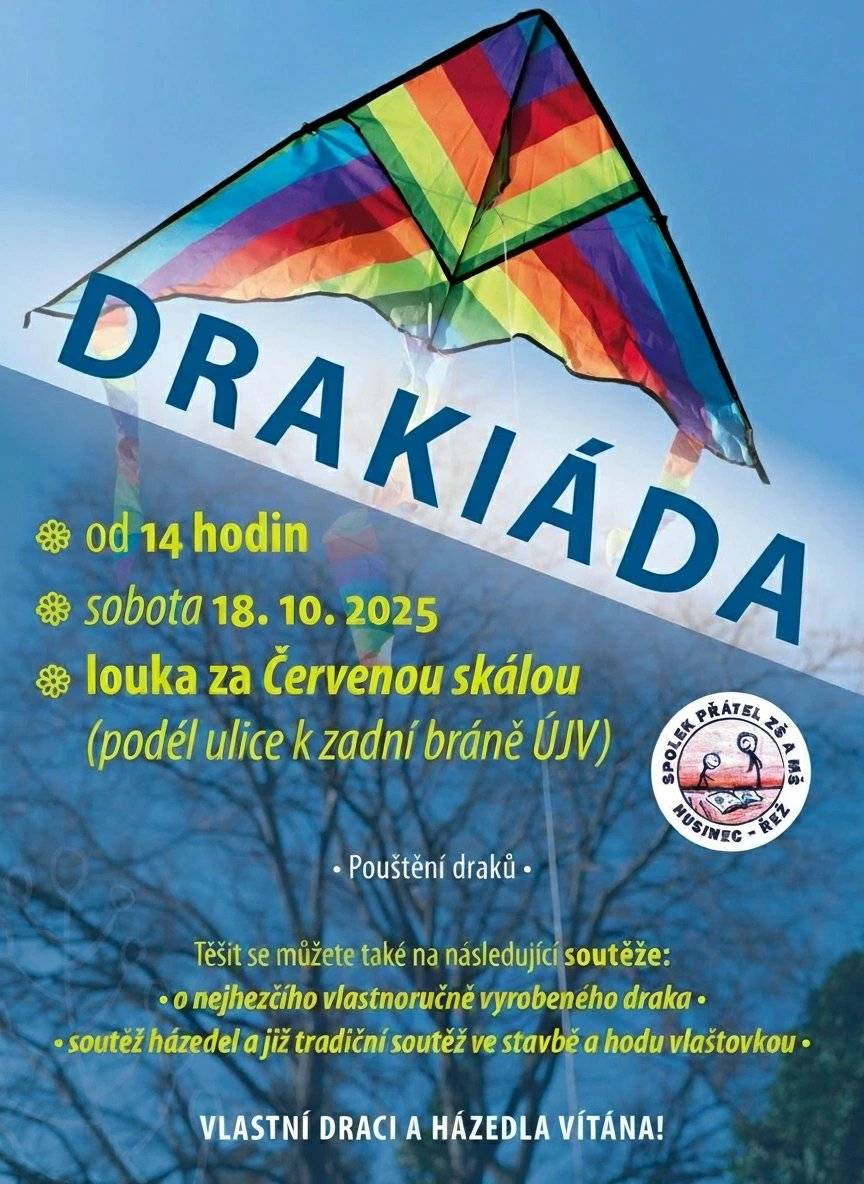 Srdečně vás zveme na již tradiční akci "Drakiáda 2025", která proběhne dne 18.10.2025 od 14:00h na louce za Červenou Skálou. tým OÚ