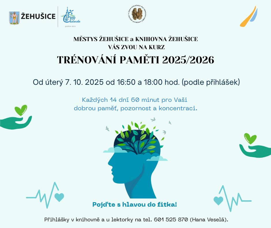 Městyse Žehušice a Knihovna Žehušice vás srdečně zvou na kurz trénování paměti, který začne v úterý 7. října 2025. Kurz se koná každých 14 dní a trvá 60 minut, přičemž se zaměřuje na rozvoj vaší paměti, pozornosti a koncentrace. Přihlášky přijímáme v knihovně nebo můžete kontaktovat lektorku Hanu Ve