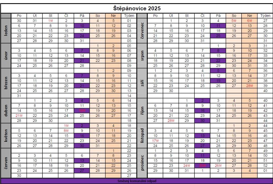 Svoz komunálního odpadu je přesunut trvale na čtvrtek  (již nebude v pátek).  První svoz je již tento čtvrtek 2.10.2025.  Svozový plán přiložen.