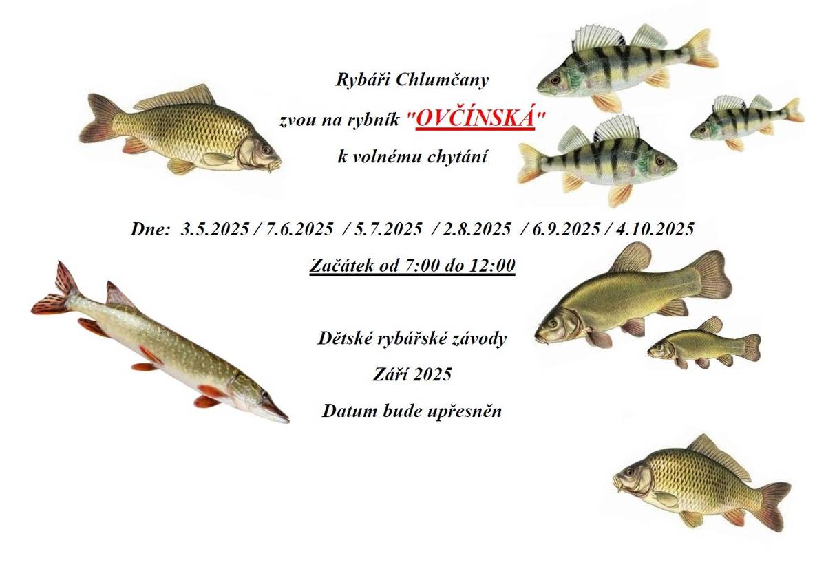 Rybáři Chlumčany zvou na volné chytání ryb na rybníku Ovčínská v sobotu 4.10.2025 od 7:00 do 12:00 hodin.