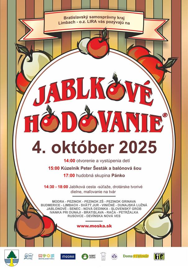 Pozývame v sobotu 4. októbra 2025 od 14:00 do 19:00 všetkých milovníkov domácich špecialít z jabĺk a dobrého vínka na tradičné podujatie Jablkové hodovanie, ktoré prepája gastronómiu, umenie, tradície a komunitný život.  Jablkové hodovanie ponúkne nielen bohatý program, ale aj priestor na stretnutia.Kúpou domácich jablkových špecialít a dekorácií môžete podporiť miestne komunity: školu, škôlku, malých futbalistov, domškolákov z Jurtadomu a LIRU. Podrobný program nájdete v priloženom plagáte . o.z.LIRA a obec Limbach
