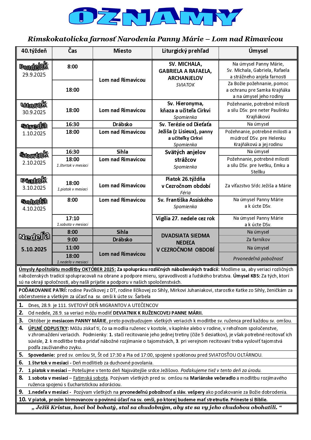Farské oznamy 40. týždeň