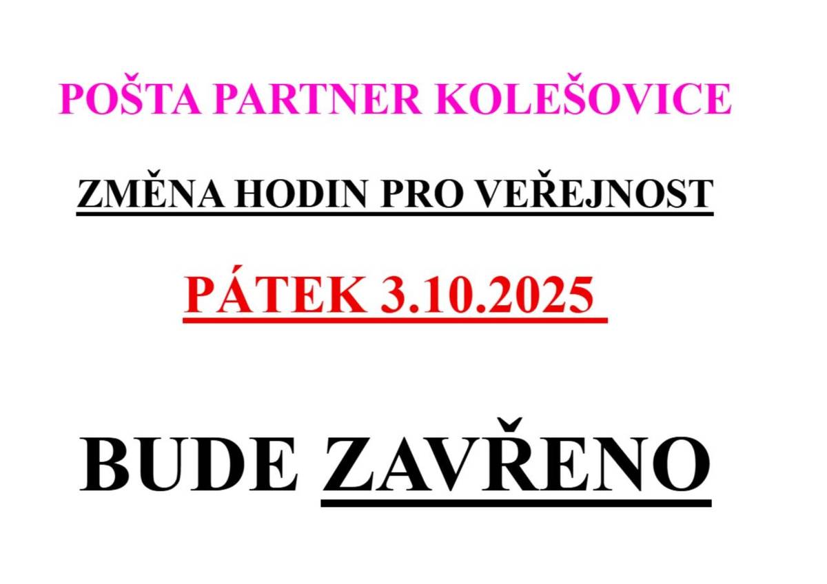 Změna provozní doby Pošty partner v Kolešovicích