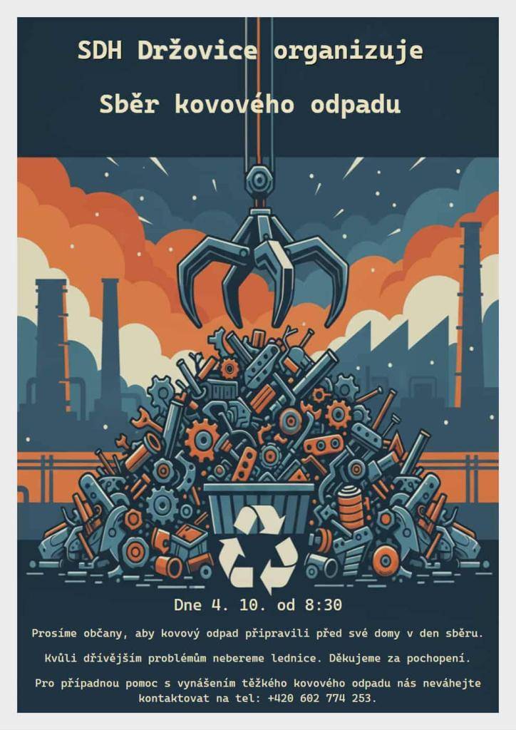 SDH Držovice organizuje 4. 10. od 8:30 sběr kovového odpadu. Kovový odpad připravte před své domy až v den sběru. Lednice nebereme z důvodu dřívějších problémů. Děkujeme za pochopení.    Pro pomoc s vynášením těžkého odpadu volejte: 602 774 253.
