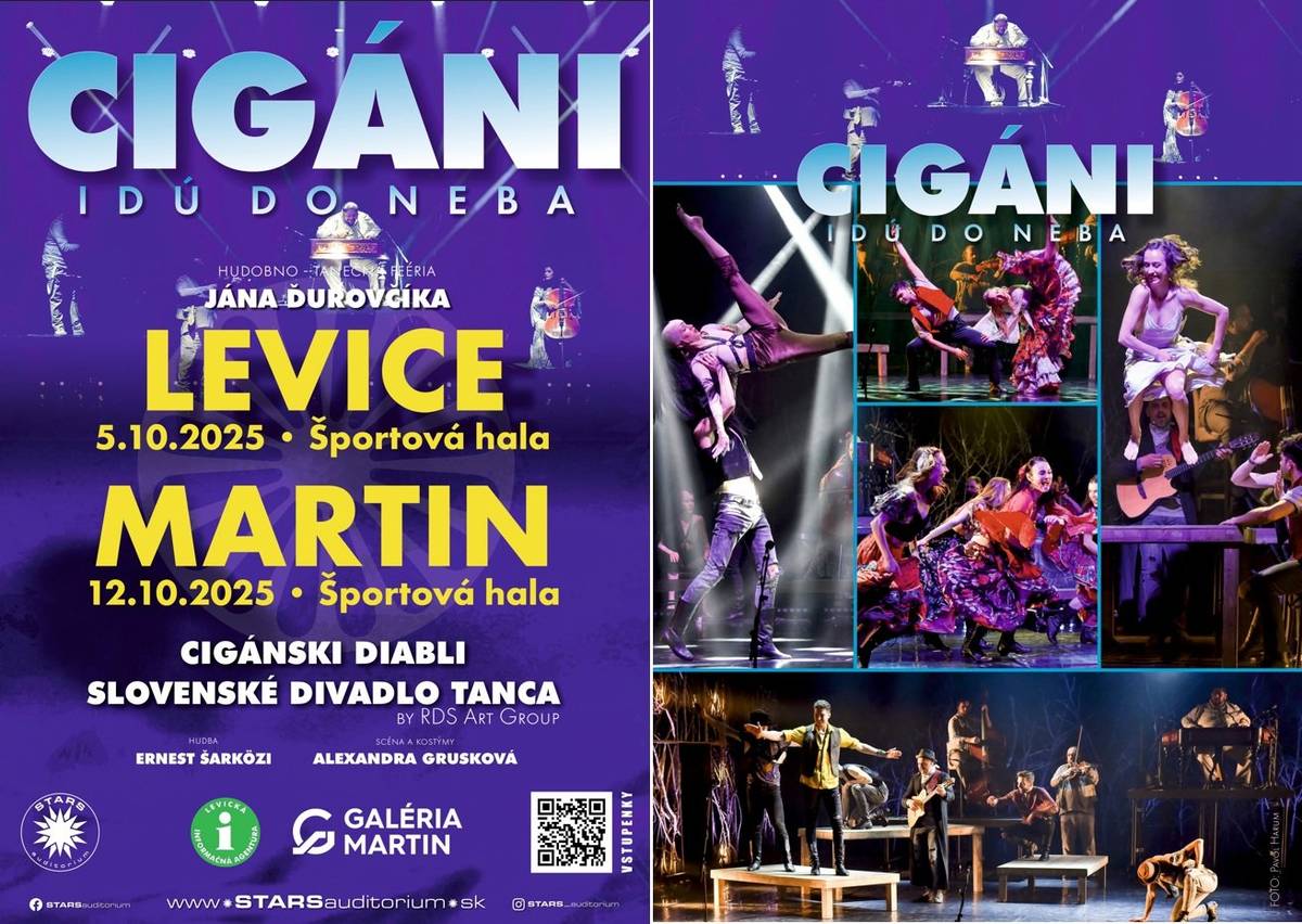 Unikátne a originálne spojenie dvoch slovenských, no svetových umeleckých telies a prejavu spontánnej a živelnej kultúry kočovných Cigánov prináša na javisko režisér a choreograf Ján Ďurovčík v úplne novej, strhujúcej hudobno-tanečnej feérii. Účinkujú: Cigánski diabli, Slovenské divadlo tanca Choreografia a réžia: Ján Ďurovčík LEVICE, Športová hala, 5. 10. 2025, nedeľa MARTIN, Športová hala, 12. 10. 2025, nedeľa Lístky si môžte zakúpiť: STARS auditorium - Nové miesto pre hviezdy