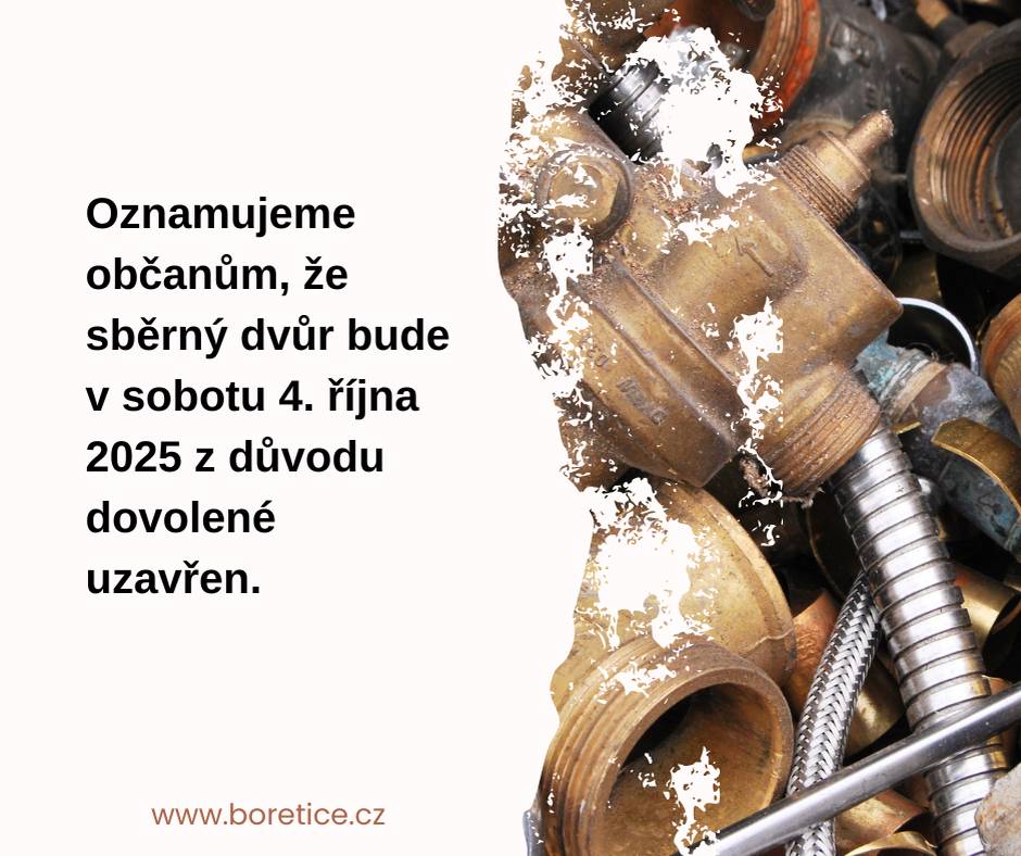 Oznamujeme občanům, že sběrný dvůr bude v sobotu 4. října 2025 z důvodu dovolené uzavřen.
