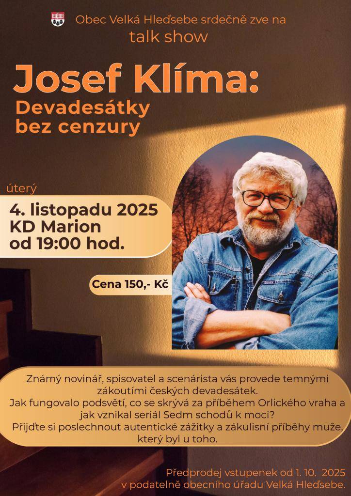 4. listopadu 2025 od 19 hodin v KD Marion ve Velké Hleďsebi.