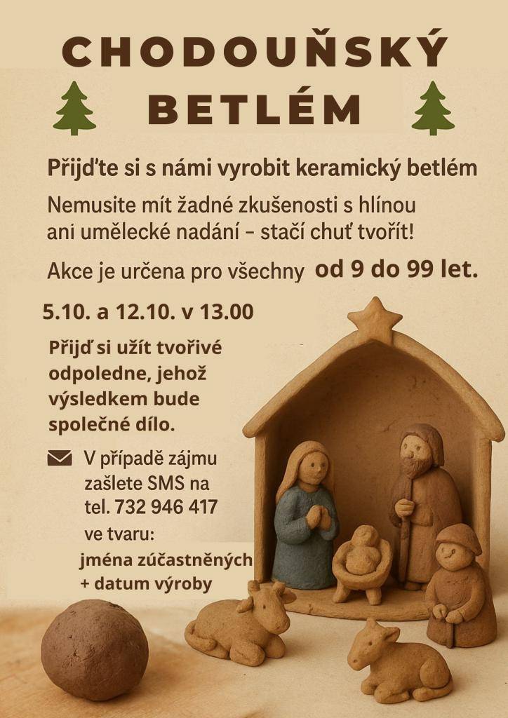 Po dvou letech opět chystáme výstavu betlémů. K této příležitosti bychom rádi vytvořili společný keramický chodouňský betlém, kdy se může každý z Chodouně zapojit. Přijďte si vyrobit figurku do našeho betléma pod vedením profi lektorek. Objednat se můžete na konkrétní termín na níže uvedeném čísle.