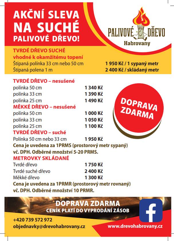 "Společnost Dřevo Habrovany nabízí občanům dodání štípaného, tvrdého i měkkého palivového dřeva s dopravou zcela ZDARMA a rychlým dodáním až k Vám domů. Objednávejte na telefonním čísle : 739 572 972  (8-15h), nebo nawww.drevohabrovany.cz.“