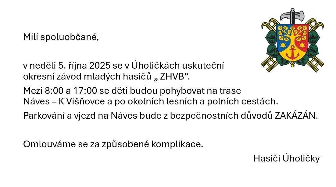 V neděli 5.10. se konají hasičské závody. Děkujme za pochopení.