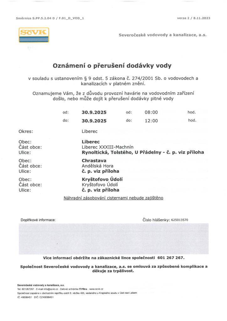 V úterý 30.9. v čase 8:00 - 12:00 bude z důvodu provozní havárie přerušena dodávka vody.