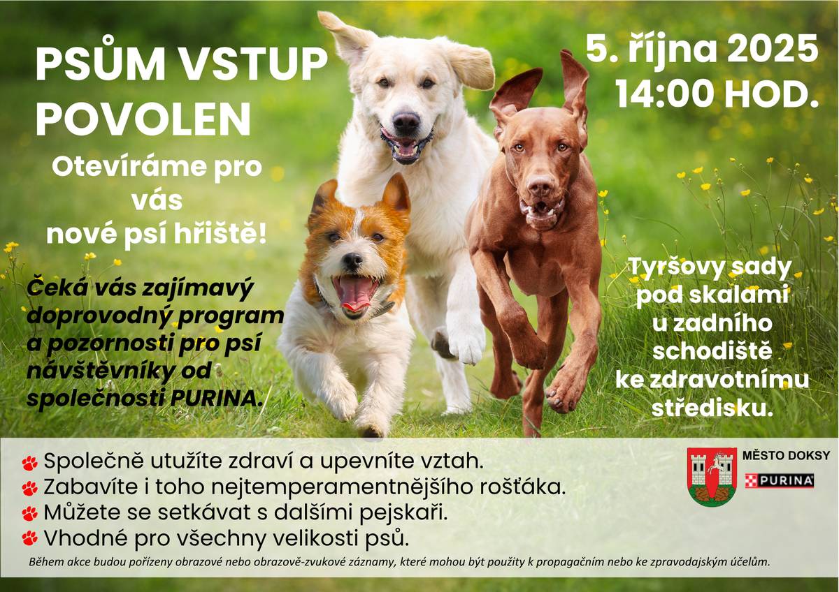 👉V Tyršových sadech (pod skalami u zadního schodiště ke zdravotnímu středisku) vzniklo nové psí hřiště s překážkami z pevného akátového dřeva. 🍾🎉Slavnostní otevření proběhne v neděli 5. října od 14:00.  Součástí bude krátké představení hřiště, možnost vyzkoušení překážek a drobné soutěže s odměnami pro pejsky i jejich páníčky.  Těšíme se na vaši účast.😍