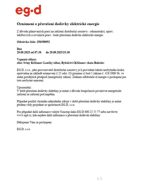 Dobrý den, obec Sviny oznamuje informaci o plánované odstávce elektrické energie, která proběhne 29.9.2025 v čase od 7:30 do 15:30 hodin. Obec Sviny
