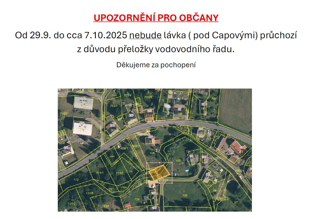 Od 29.9. do cca 7.10.2025 nebude lávka ( pod Capovými) průchozí z důvodu přeložky vodovodního řadu. Děkujeme za pochopení
