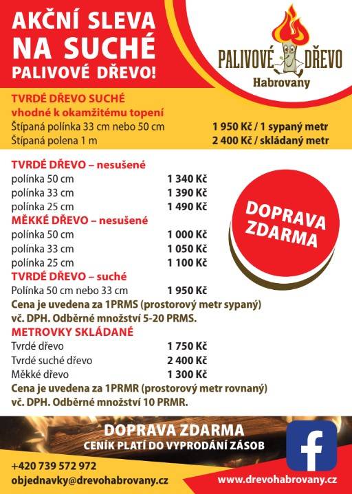 Společnost Dřevo Habrovany nabízí občanům dodání štípaného, tvrdého i měkkého palivového dřeva s dopravou zcela ZDARMA a rychlým dodáním až k Vám domů. Objednávejte na telefonním čísle : 739 572 972  (8-15h), nebo na www.drevohabrovany.cz.