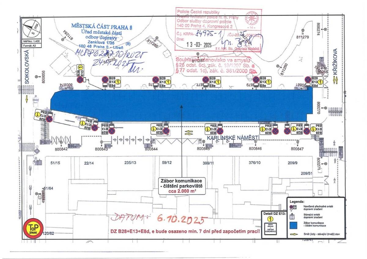 Upozorňujeme, že v pondělí 6. října 2025 proběhne úklid parkoviště na Karlínském náměstí.    Aby mohl být úklid proveden důkladně, důrazně žádáme o respektování přechodné úpravy provozu.   Děkujeme za pochopení.