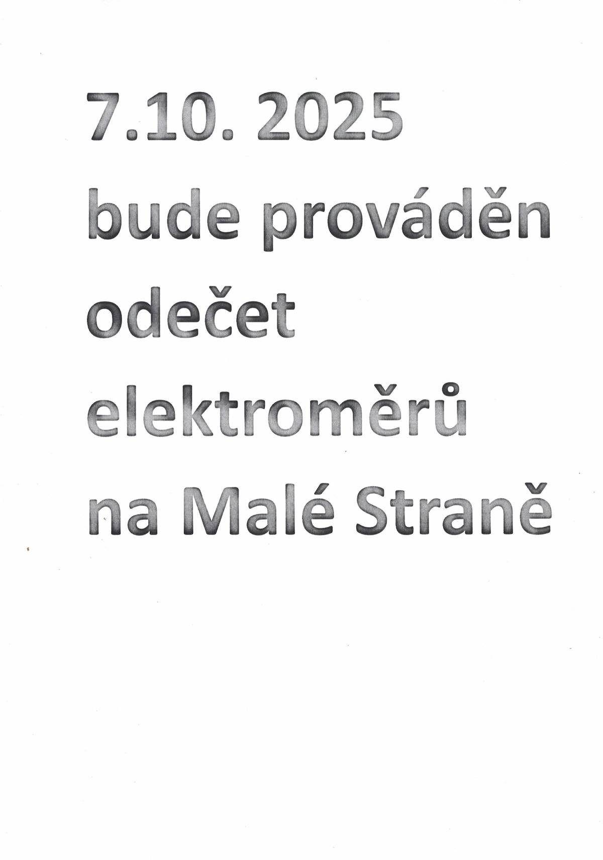 Dne 7. 10. 2025 bude prováděn odečet elektroměrů na Malé Straně.