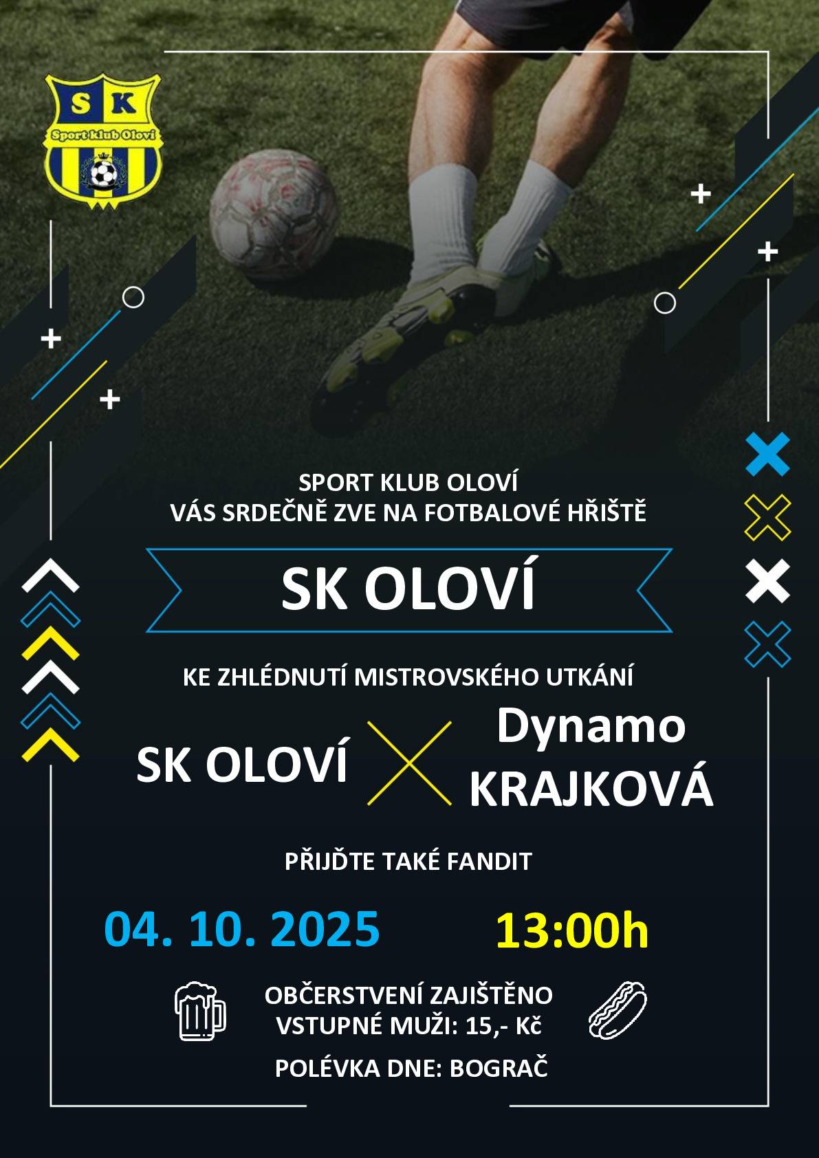Sport klub Oloví Vás srdečně zve na fotbalové utkání, které se uskuteční dne 04.10.2025 od 13:00 hod. na fotbalovém hřišti v Oloví.