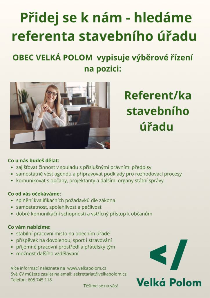 vypisuje výběrové řízení na pozici : referent/ka stavebního úřadu.
