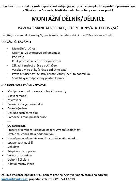 pracovní pozice: MONTÁŽNÍ DĚLNÍK/DĚLNICE