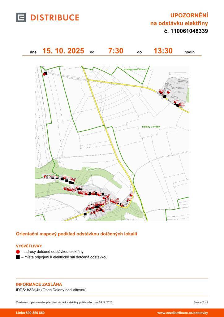 UPOZORNĚNÍ na odstávku elektřiny č. 110061048339  dne 15. 10. 2025 od 7:30 do 13:30 hodin  - Debrno, Nehošť