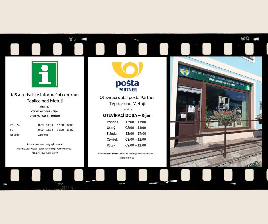 Pošta Partner se otevře dne 2.10.2025 v místě Kulturního informačního střediska Teplice nad Metují (Infocentrum vedle Redpointu).