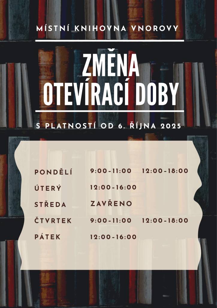 Od 6. 10. 2025 dochází ke změně návštěvních hodin knihovny.