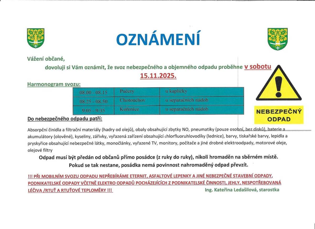 Svoz nebezpečného a objemného odpadu proběhne   v sobotu 15.11.2025