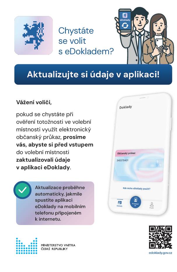 pokud se chystáte při ověření totožnosti ve volební místnosti využít elektronický občanský průkaz, prosíme vás, abyste si před vstupem do volební místnosti zaktualizovali údaje v aplikaci eDoklady