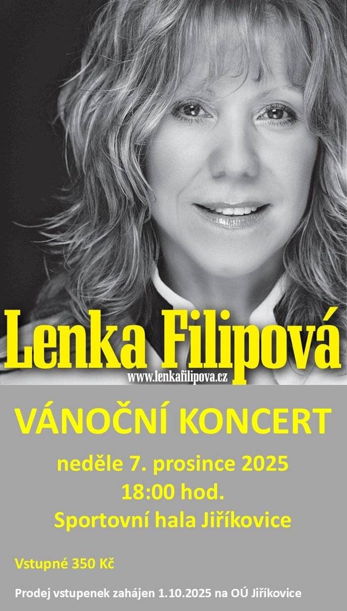 Obec Jiříkovice pořádá v neděli 7. prosince v 18:00 hodin Vánoční koncert Lenky Filipové. Koncert se bude konat v místní sportovní hale. Předprodej vstupenek již byl zahájen. Cena vstupenky je 350 Kč. Vstupenky je možné zakoupit na OÚ Jiříkovice v úředních hodinách.