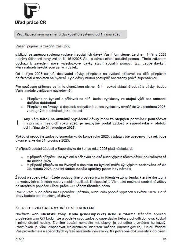 Upozornění na změnu dávkového systému od 1. října 2025