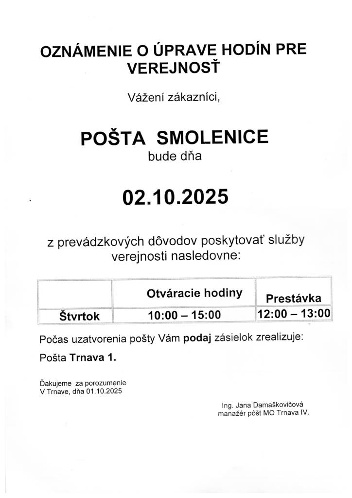 Oznámenie o úprave hodín pre verejnosť