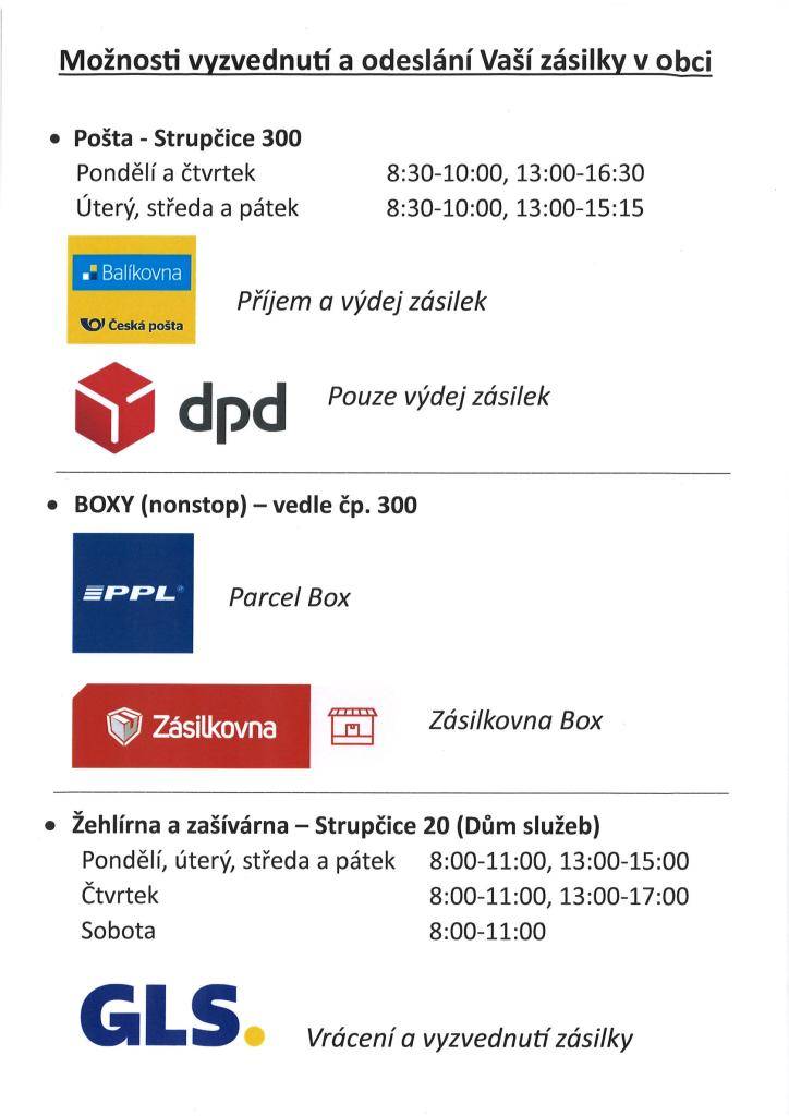 Pošta - Strupčice 300, Nonstop boxy, Dům služeb - Strupčice 20
