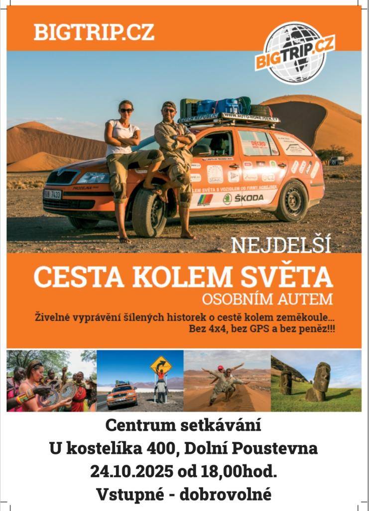 Živelné vyprávění šílených historek o cestě kolem zeměkoule...  Kde: Centrum setkávání - Kostelík  Kdy: 24.10.2025  Od:  18:00 hodin  Vstupné. dobrovolné