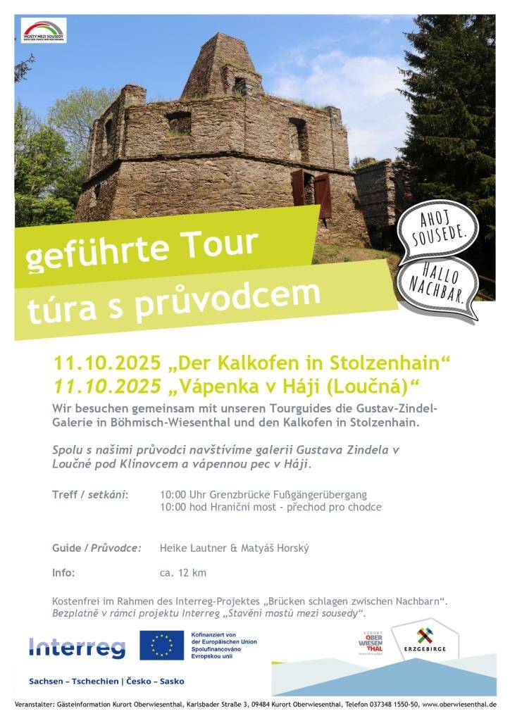 Zveme vás na dvě 12km pěší túry od hraničního mostku v Loučné až k Vápence v Háji u Loučné pod Klínovcem