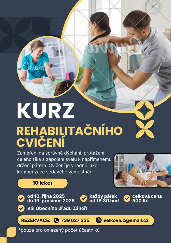 Přijďte si zacvičit a naučit se správně dýchat. Cvičení se koná od 10. října každý pátek od 18:30 v sále Obecního úřadu Záhoří až do 19. prosince 2025.